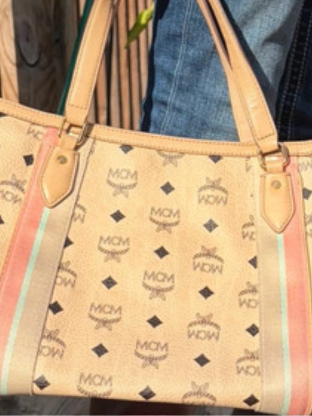 Vintage MCM Beige Monogram Tote with Multicolor Stripe Accents